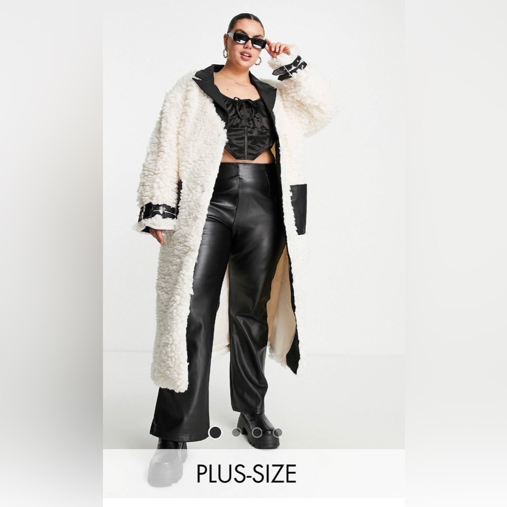 Missguided Plus faux leather trim oversized teddy coat in cream